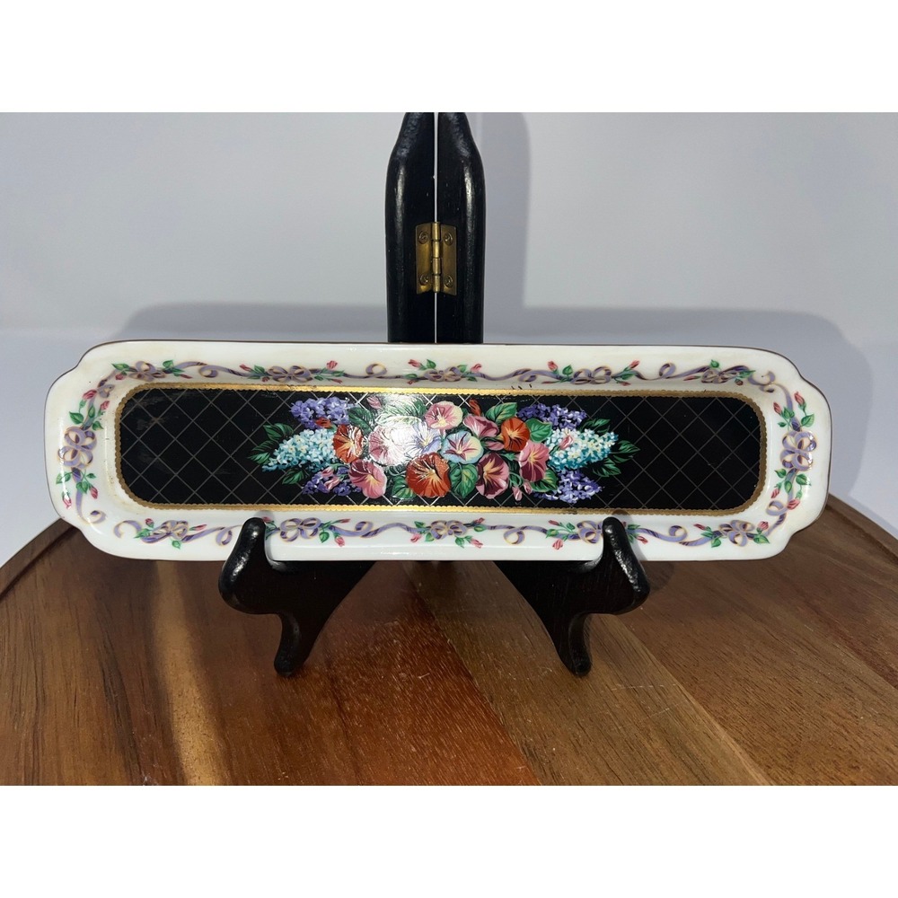 Decorative Floral Trinket Dish Vanity‎ Tray Ceramic Gold Trim